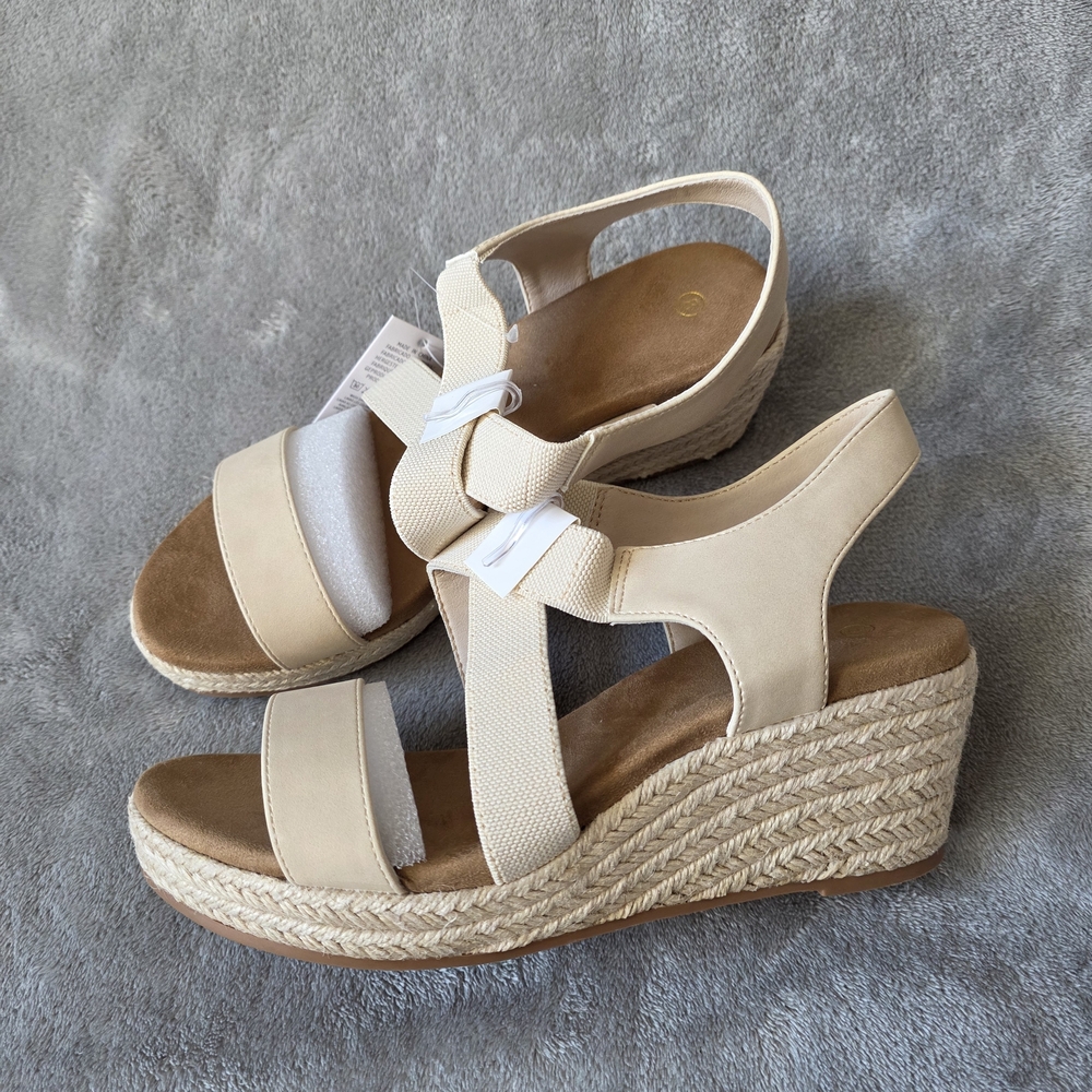 Neutral Beige Espadrille Wedge Sandals with Ankle Strap (Size 7.5)